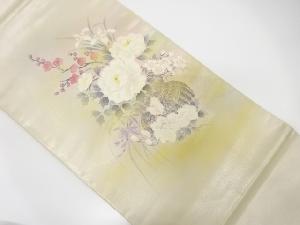 アンティーク　作家物　手描き花籠に牡丹・枝梅模様織出し袋帯（材料）
